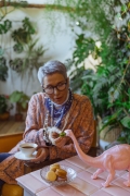 woman feeding a toy dinosaur