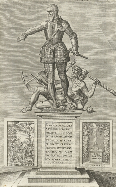 Illustration of monument. Three figures on a pedestal. The figure in front is standing and the other two are laying down. On either side of the pedestal are depictions of a shepherd with animals (left) and fire on a pedestal surrounded by armor (right).