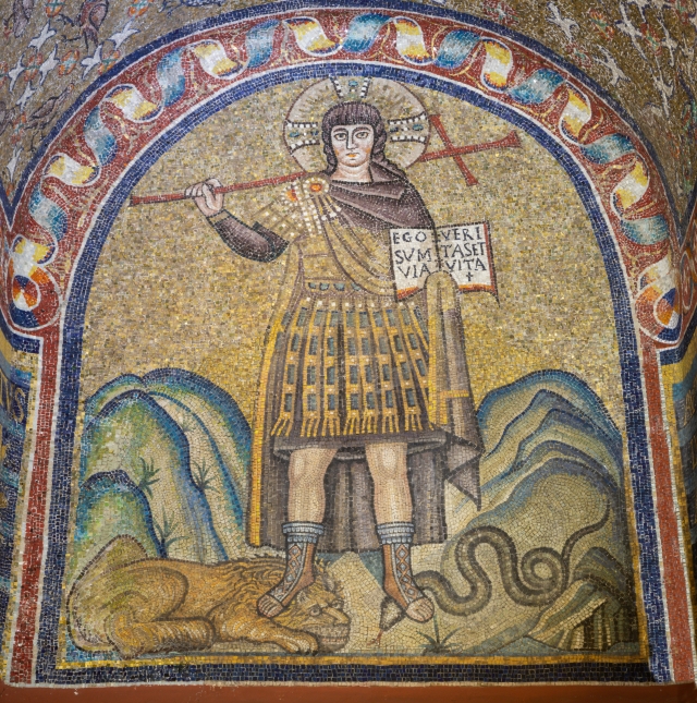 Early Christian mosaic of Jesus as victor and teacher.